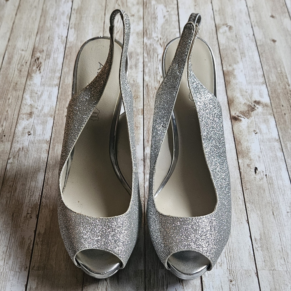 Aldo Silver Sparkle Peeptoe Platform Heels SZ 10
